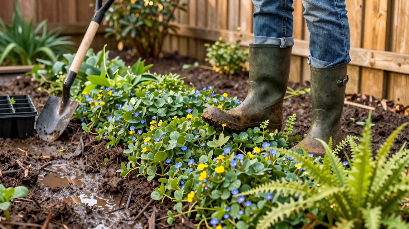 Pessoa com botas de borracha preparando canteiro de flores com pequenos brotos azuis e amarelos em jardim.