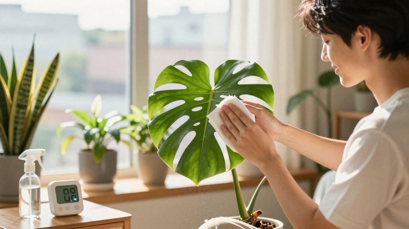 Pessoa limpando folha grande de planta Monstera em ambiente interno iluminado pela luz natural.