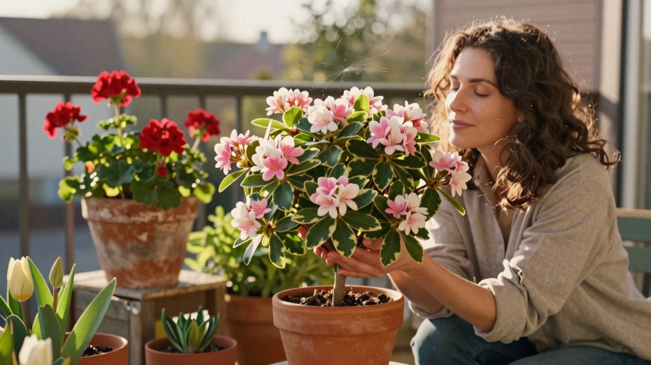 Mulher cheirando flores cor-de-rosa em vaso de cerâmica em varanda ensolarada com outras plantas.