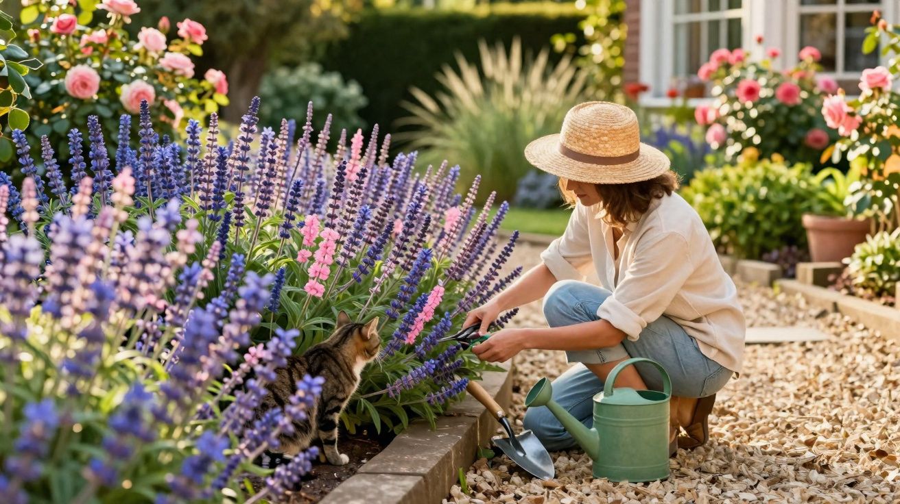 Mulher com chapéu regando flores roxas em jardim, com gato ao lado em dia ensolarado.