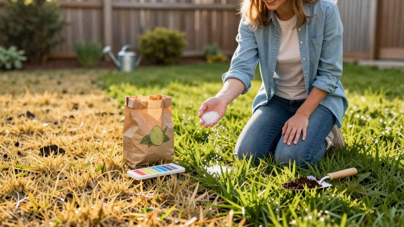 Pessoa aplicando fertilizante granulado em gramado verde em um jardim ensolarado.