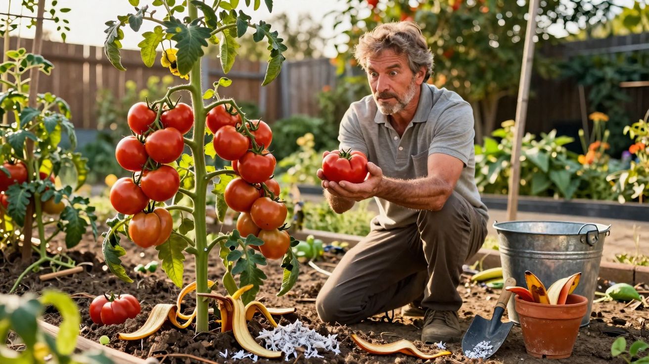 Homem colhendo tomates maduros em plantação no jardim durante dia ensolarado.
