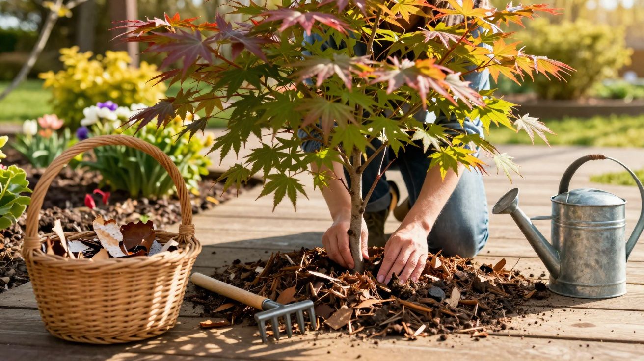 Pessoa plantando árvore jovem com ferramentas de jardim, regador e cesta de madeira ao lado em área externa ensolarada.