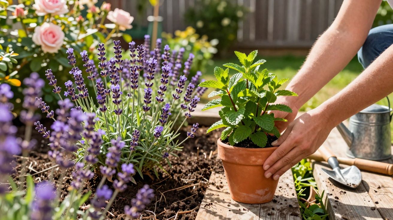 Pessoa plantando muda de ervas em vaso de barro em horta caseira com lavandas e rosas ao fundo.
