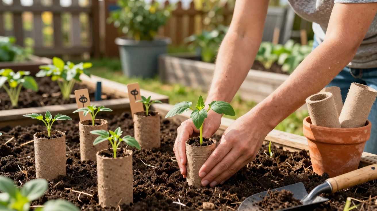 Pessoa transplantando muda de planta em embalagem biodegradável para o solo em jardim ao ar livre.