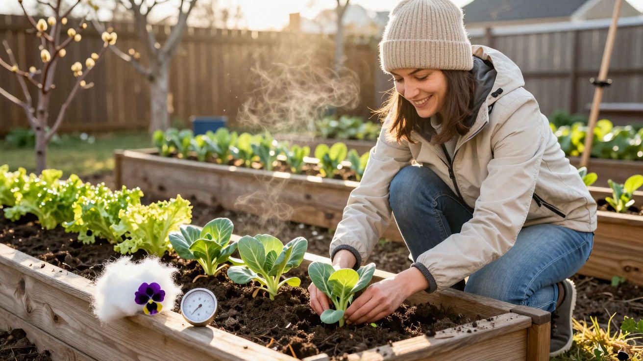 Mulher sorridente cuidando de plantas em canteiro elevado de horta em dia ensolarado de inverno.