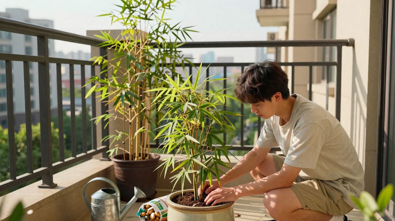 Jovem cuidando de planta em vaso no terraço ensolarado de um apartamento.