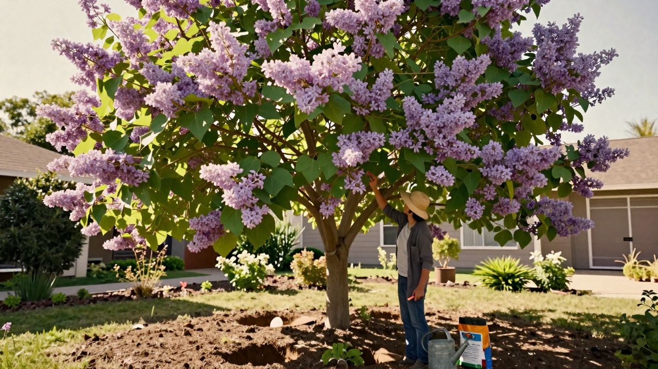 Pessoa com chapéu cuidando de árvore florida com flores lilases em jardim de casa.