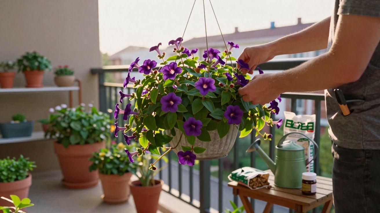 Pessoa cuidando de planta com flores roxas em vaso suspenso na varanda ensolarada.