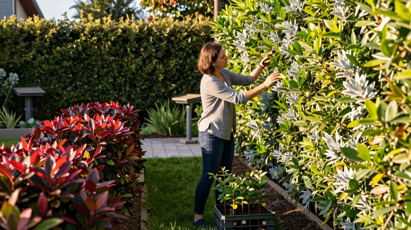 Mulher cuidando de plantas em jardim com arbustos verdes e flores brancas, em dia ensolarado.