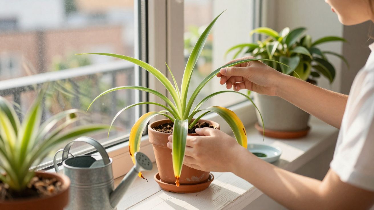 Pessoa cuidando de planta em vaso na borda de janela com regador metálico próximo.