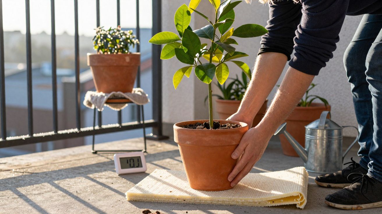 Pessoa cuidando de planta em vaso de barro em varanda ensolarada com regador ao lado.