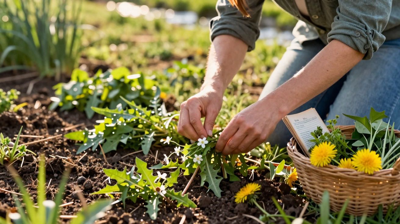 Pessoa colhendo flores brancas em um jardim com cesto cheio de plantas e flores amarelas.