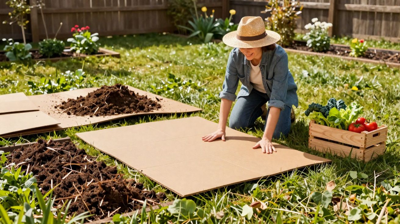 Mulher com chapéu monta canteiro de papelão em jardim para plantio orgânico.