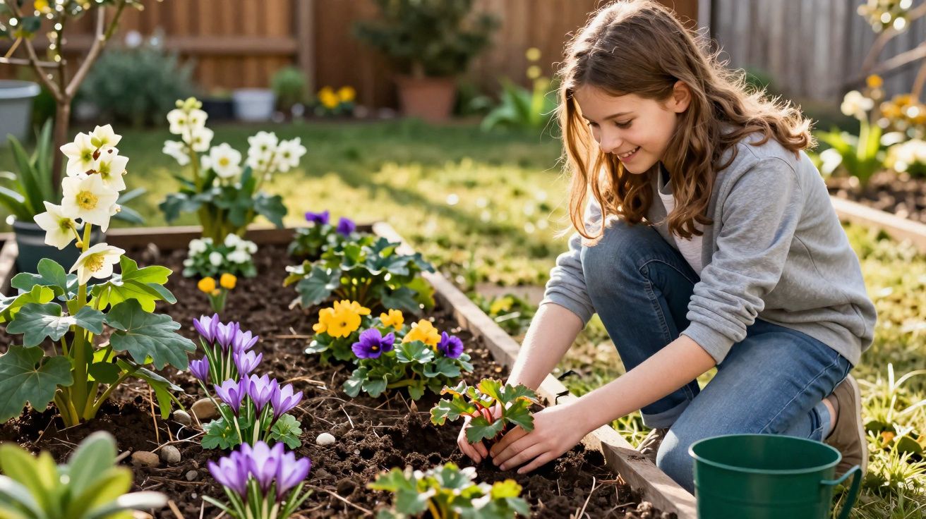 Menina sorridente plantando flores coloridas em canteiro de jardim ensolarado.