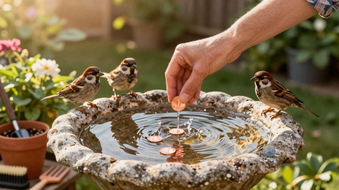 Mão colocando moedas em fonte de pedra com três pardais observando em jardim ensolarado.