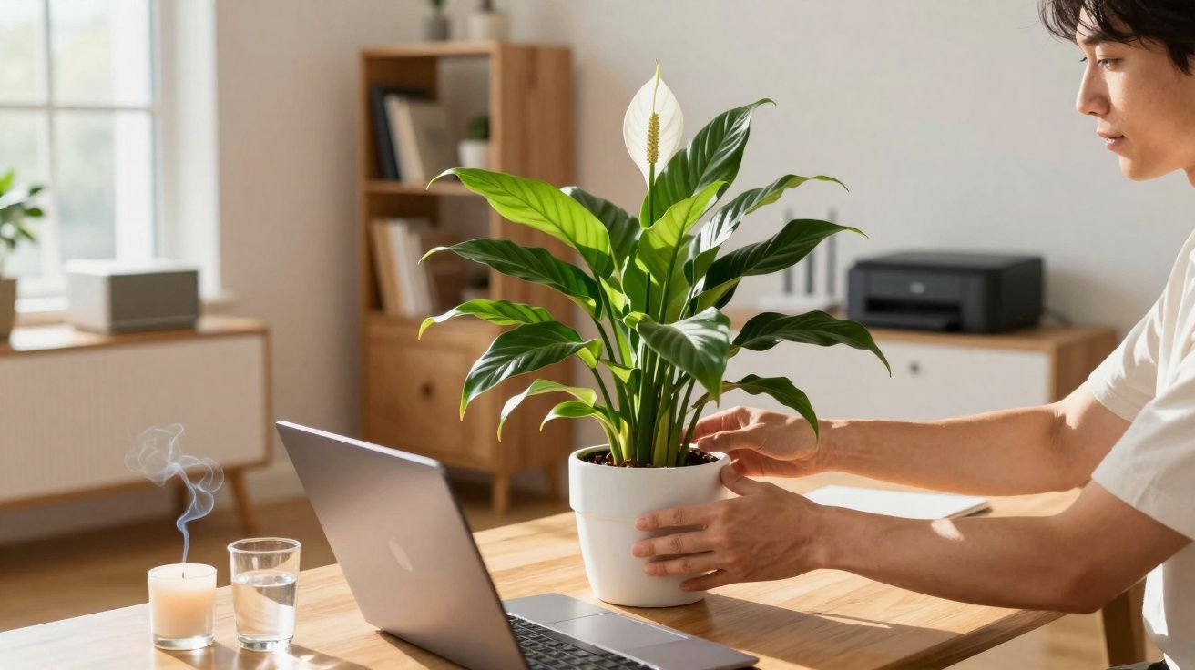 Pessoa arrumando planta em vaso sobre mesa com laptop, vela e copo de água em ambiente claro e organizado.