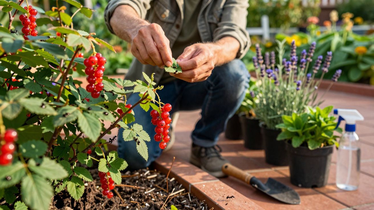 Pessoa agachada cuidando de plantas e colhendo frutas vermelhas em jardim com vasos e utensílios.