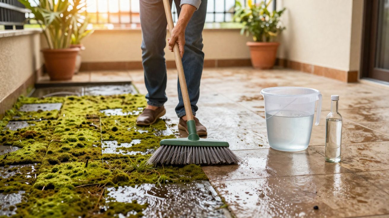 Pessoa varrendo mofo e musgo do piso de área externa com vassoura, ao lado de balde e garrafa.
