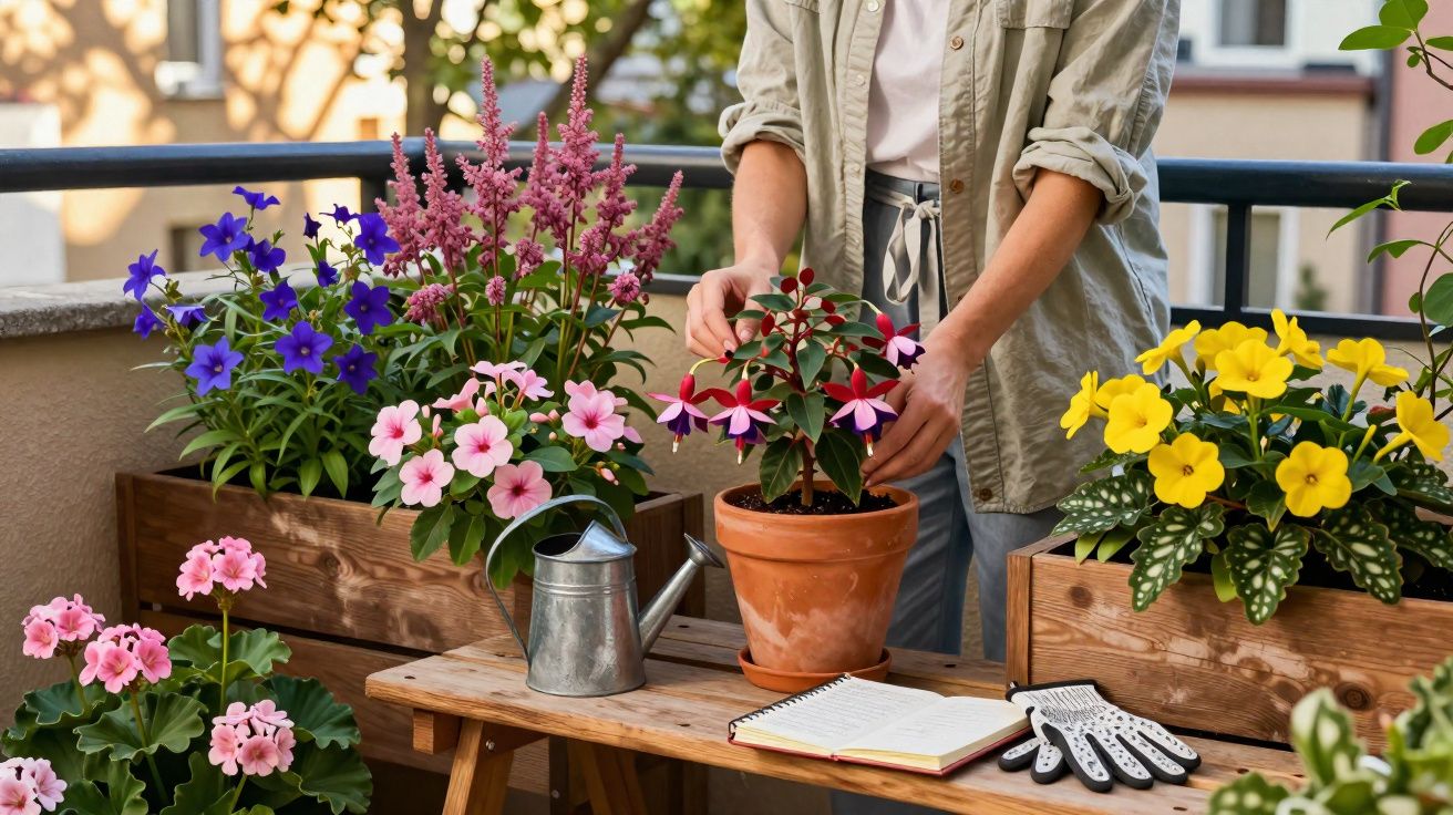 Pessoa cuidando de plantas coloridas em vasos e floreiras em varanda ensolarada com regador e caderno.