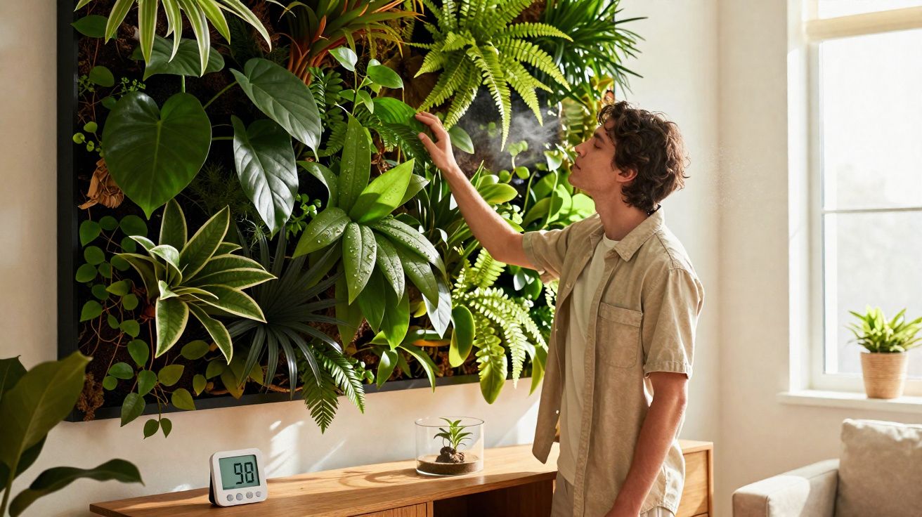 Jovem cuida de plantas verdes em parede viva dentro de sala iluminada por janela grande.
