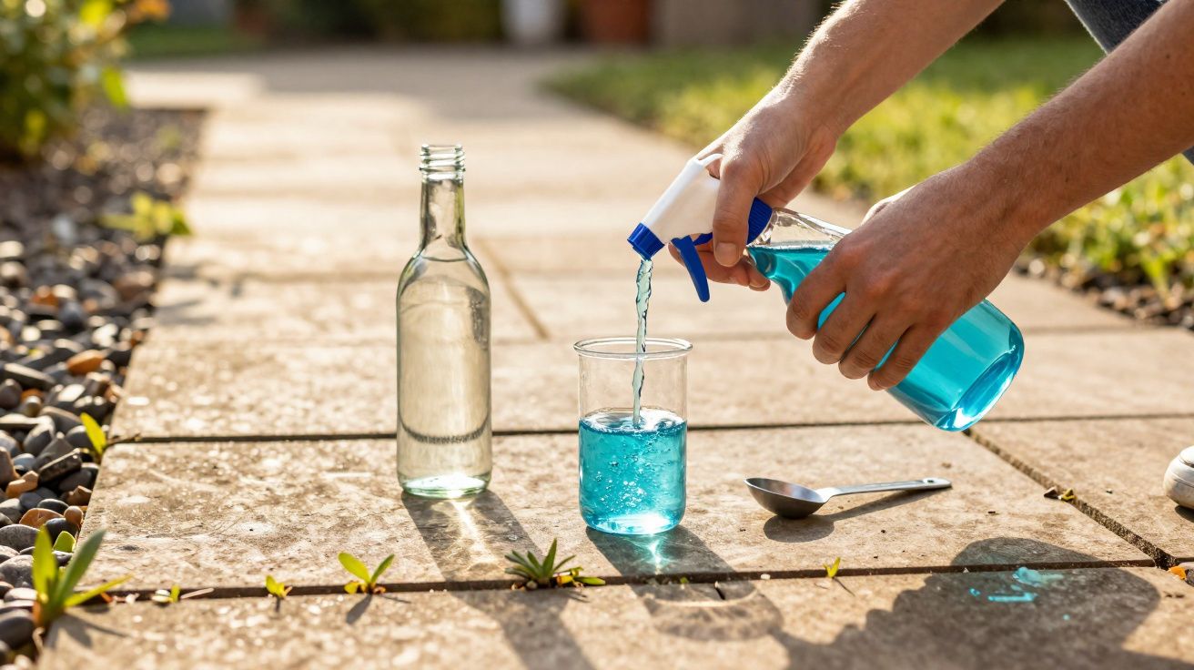Mãos despejando líquido azul em copo ao ar livre, ao lado de garrafa transparente e colher sobre piso de pedra.