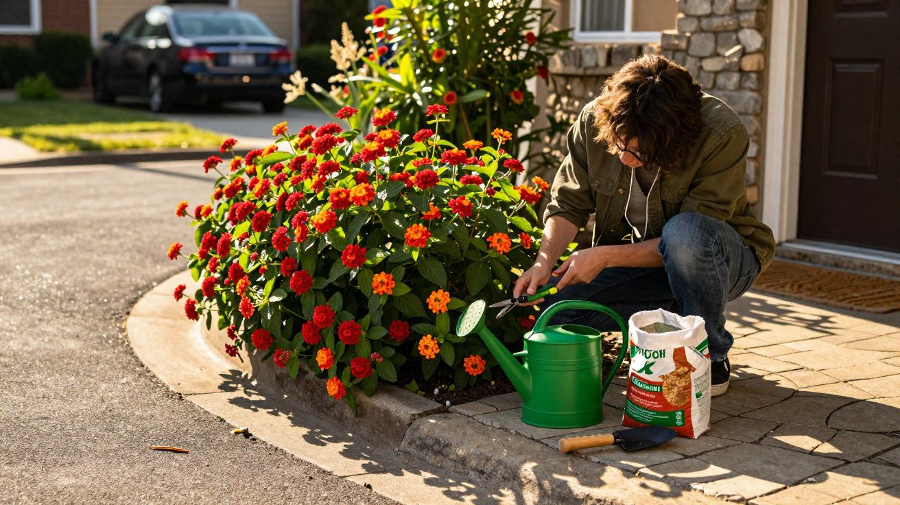 Pessoa cuidando de flores vermelhas e laranjas em canteiro na calçada de casa, com regador e ferramentas.