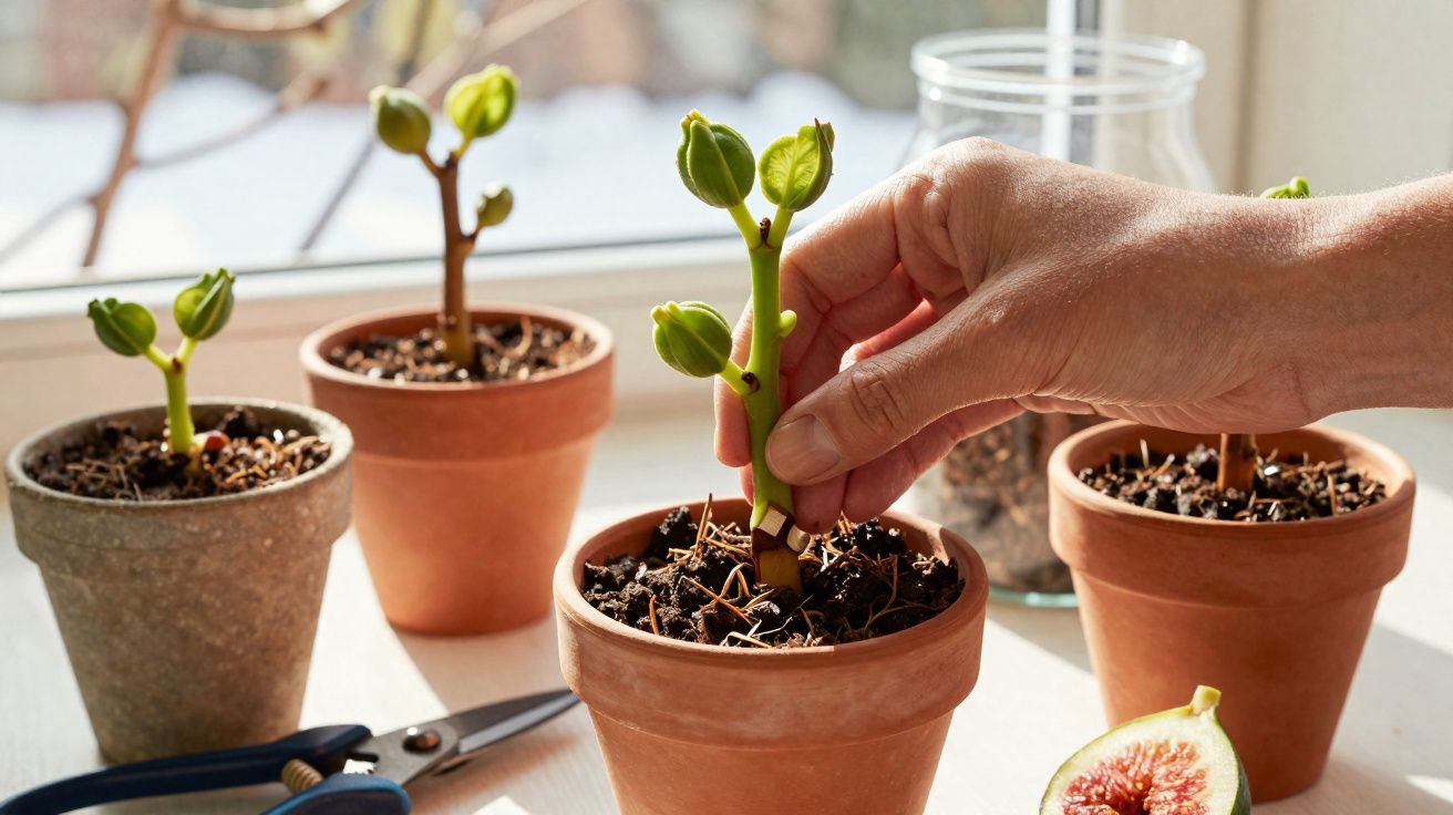 Mão cuidando de mudas de planta em vasos de barro junto a uma tesoura e um figo cortado ao meio.