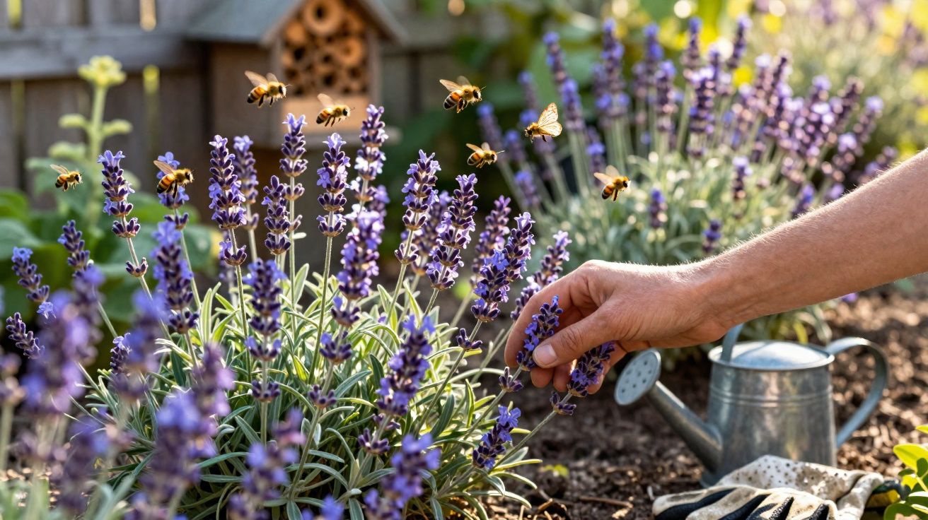 Mão cuidando de flores de lavanda com abelhas voando e regador metálico ao fundo em jardim ensolarado.