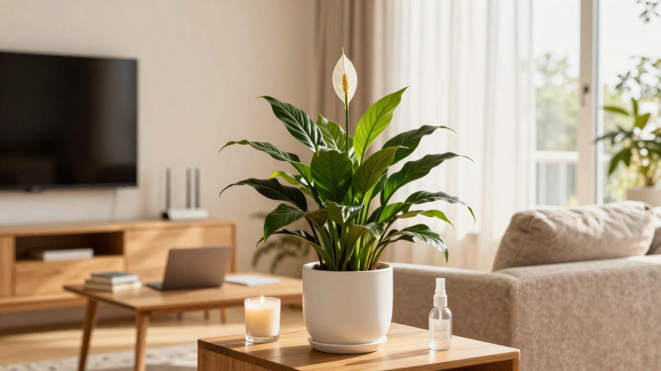 Planta em vaso branco em mesa de madeira com vela e frasco em sala iluminada com sofá e TV.