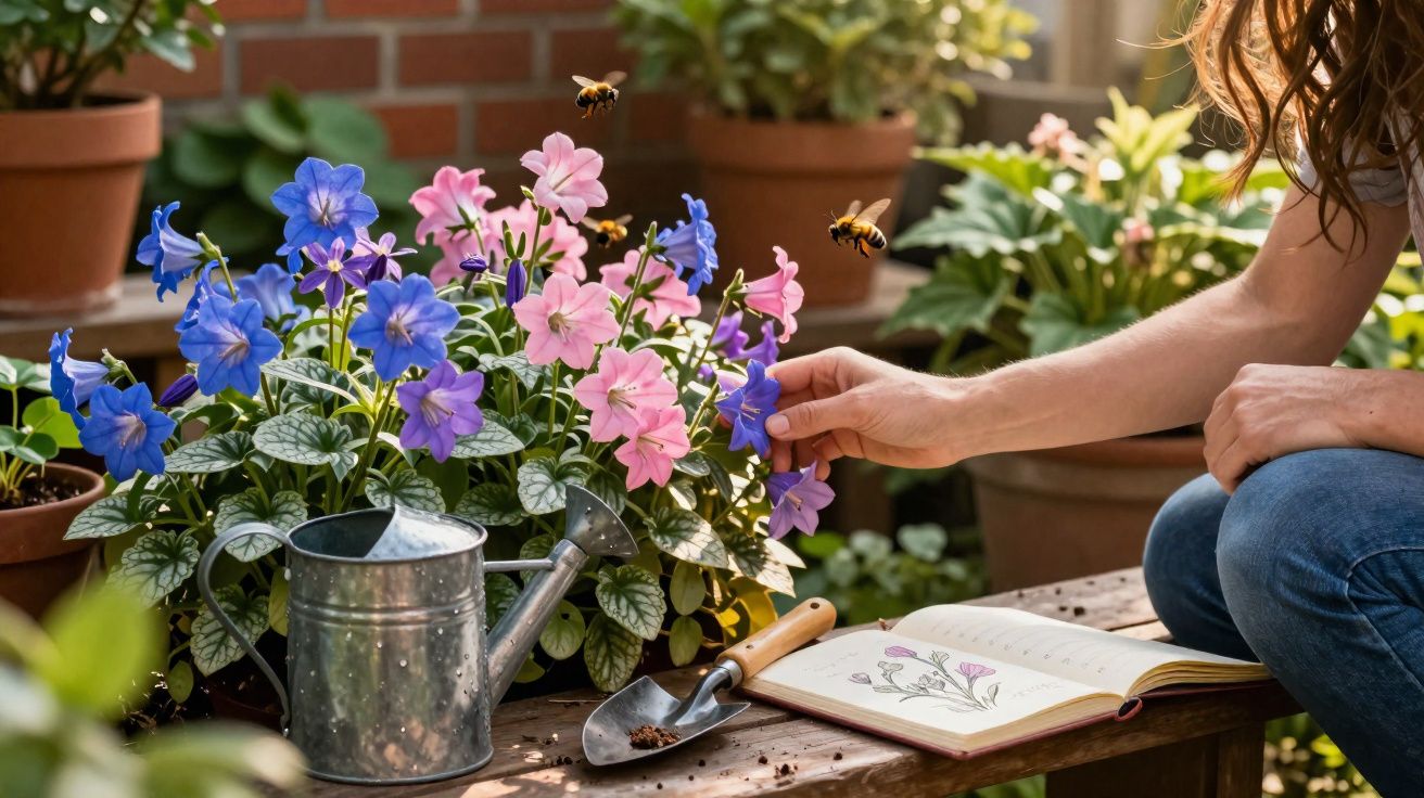 Pessoa cuidando de flores azuis e rosas em vaso com regador e livro de jardinagem sobre banco de madeira.