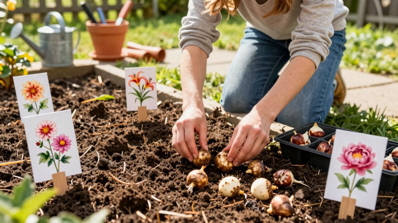 Pessoa plantando bulbos de flores no jardim com placas ilustrativas das flores ao redor.