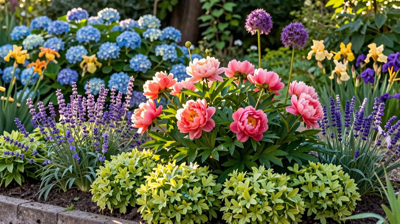 Jardim colorido com flores rosas, lilases, azuis, amarelas e verdes em canteiro de pedra sob luz natural.