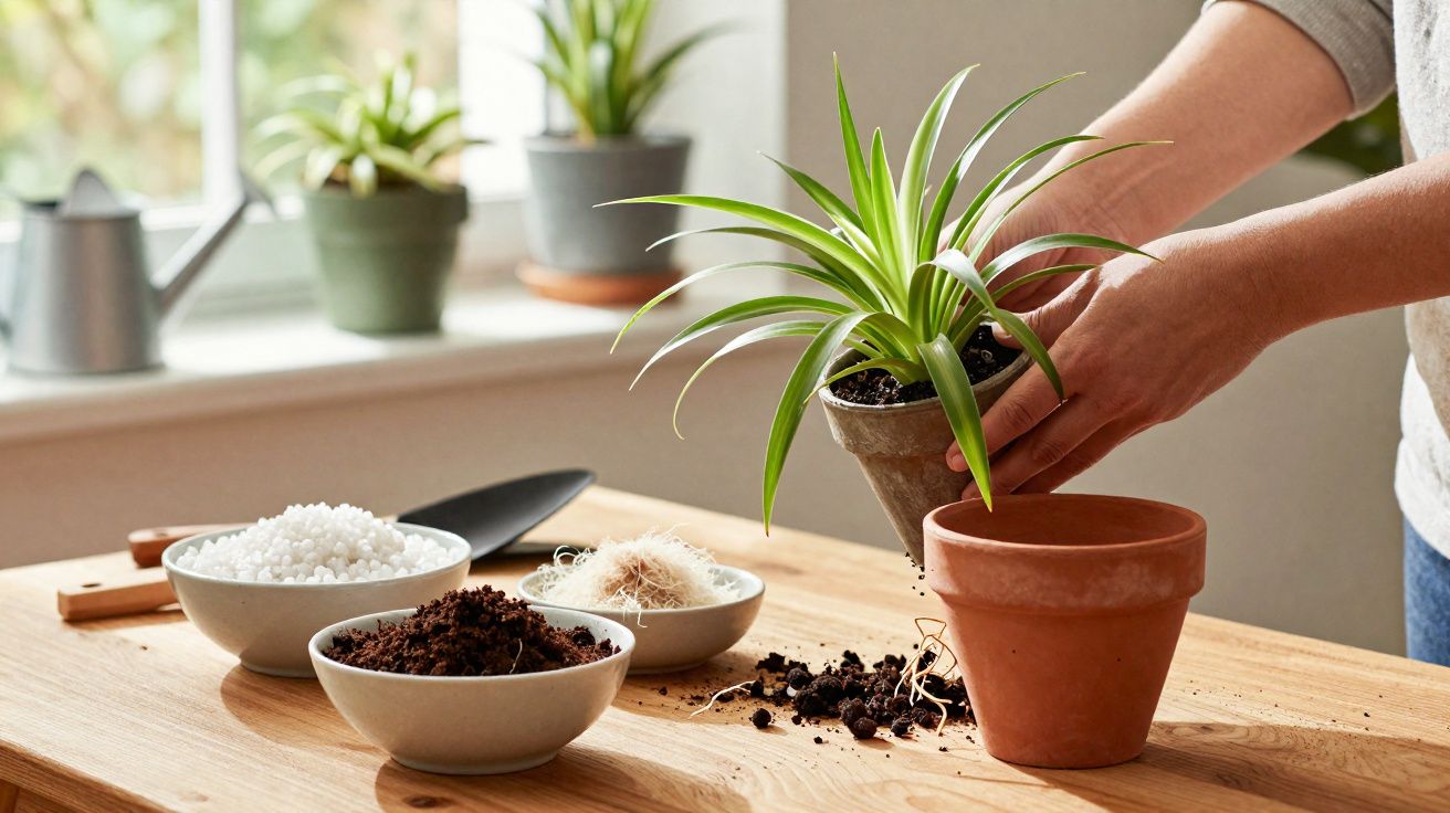 Pessoa transplantando planta em vaso de barro com materiais de jardinagem sobre mesa de madeira.