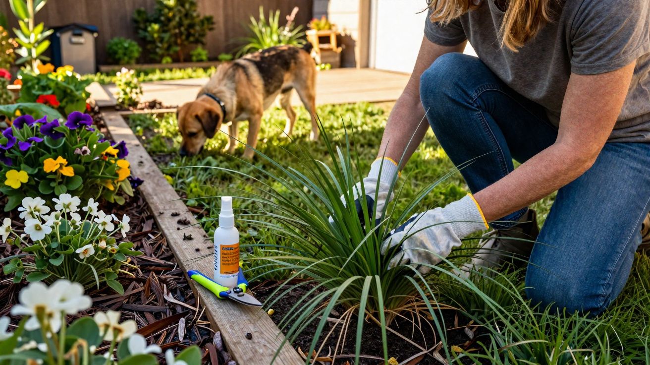 Pessoa cuidando de planta no jardim com cachorro ao fundo e produtos de jardinagem à frente.