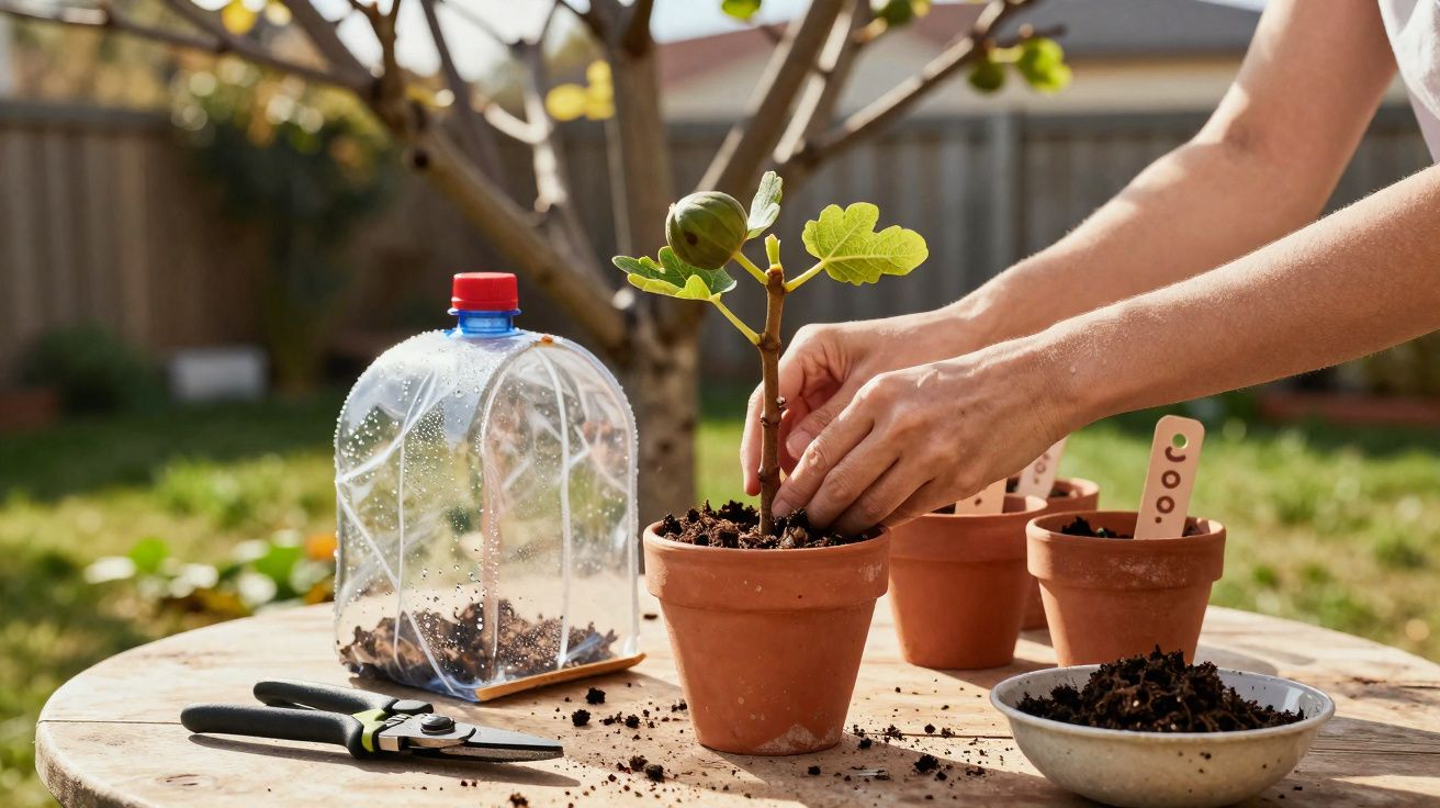 Mãos plantando muda em vaso de barro ao ar livre com ferramentas de jardinagem e galão plástico ao lado.