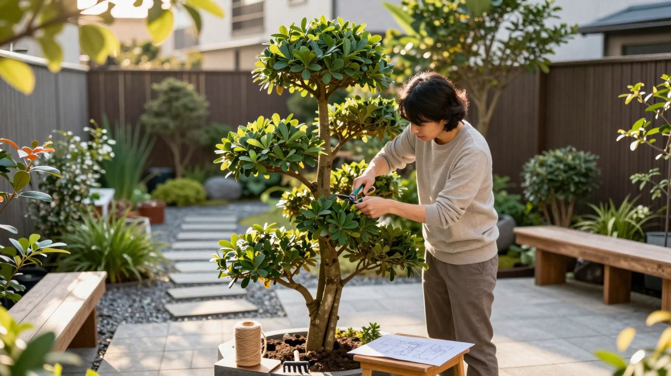 Pessoa cuidando e podando planta em jardim externo com banco de madeira e vasos ao redor.