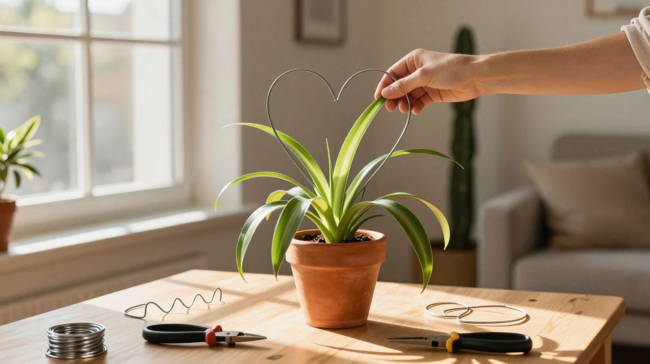 Mão segurando arame em formato de coração perto de planta em vaso sobre mesa de madeira com ferramentas.