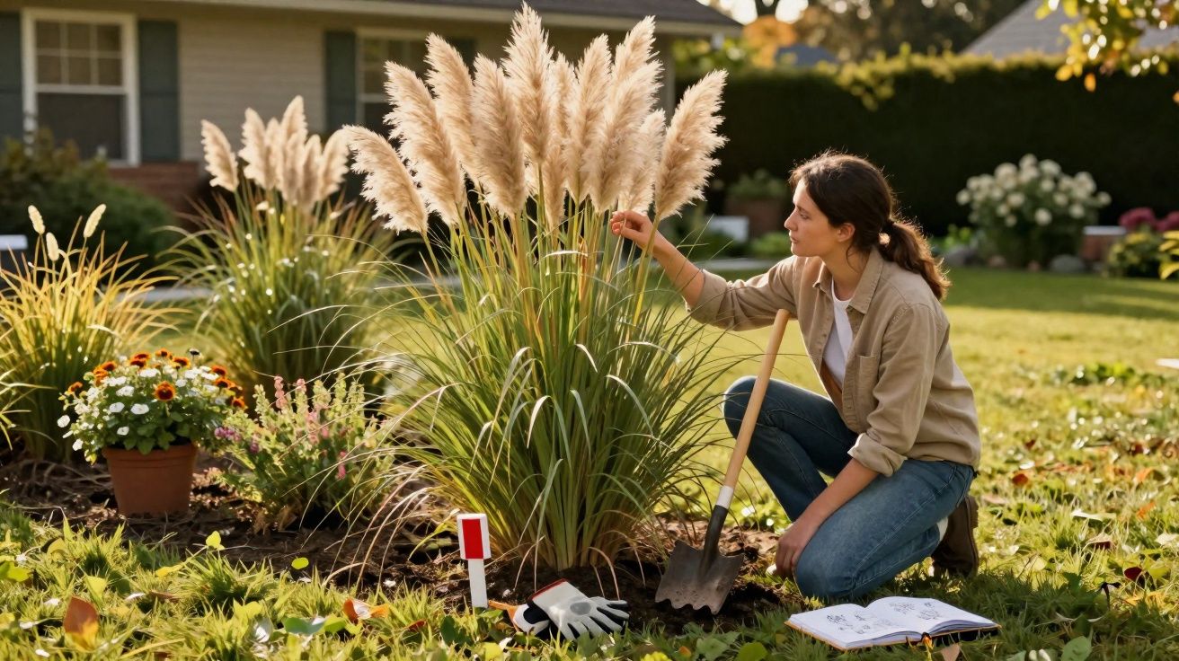 Mulher cuidando de plantas ornamentais com espiga branca em jardim residencial ao entardecer.