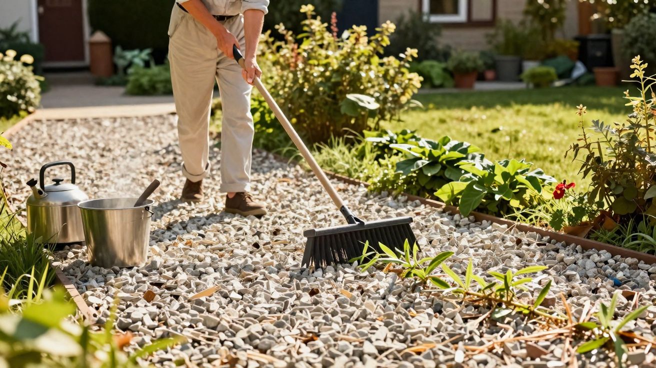Pessoa varrendo pedras decorativas em jardim com plantas ao redor em dia ensolarado.