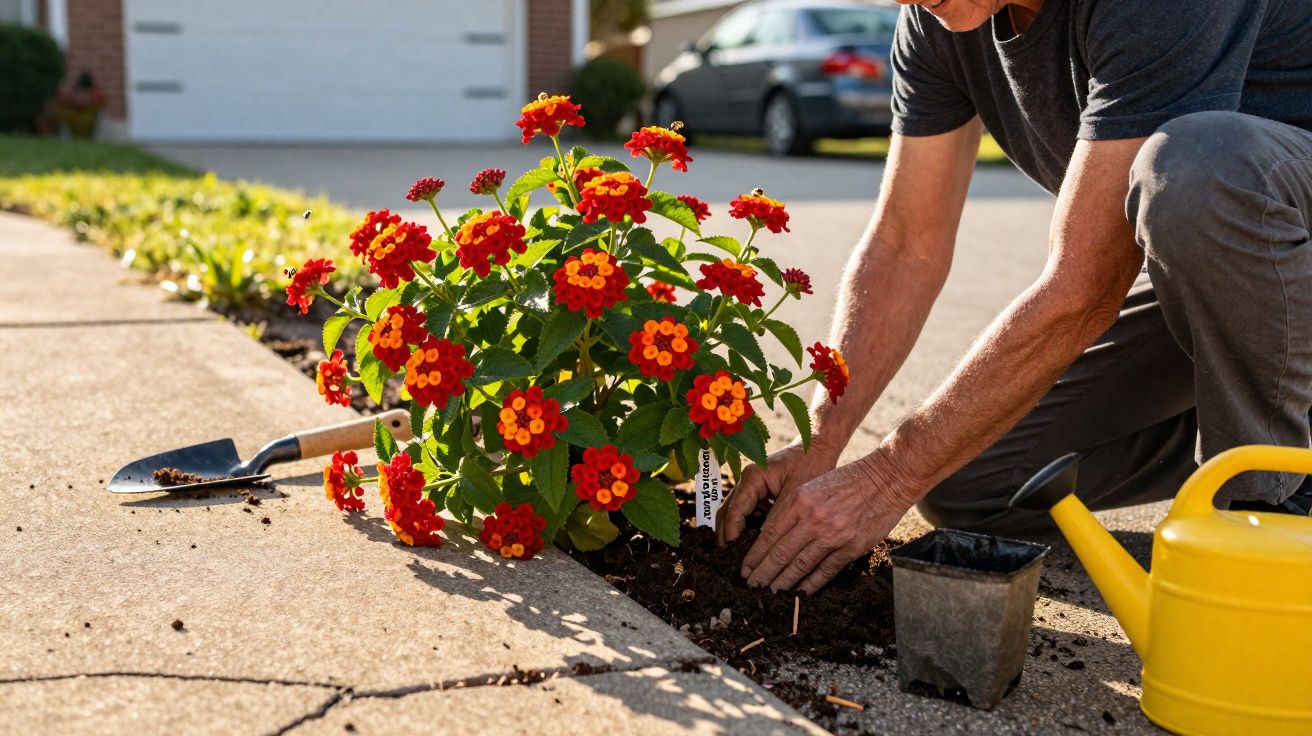 Pessoa plantando flores vermelhas e amarelas em jardim ao lado de calçada em dia ensolarado.