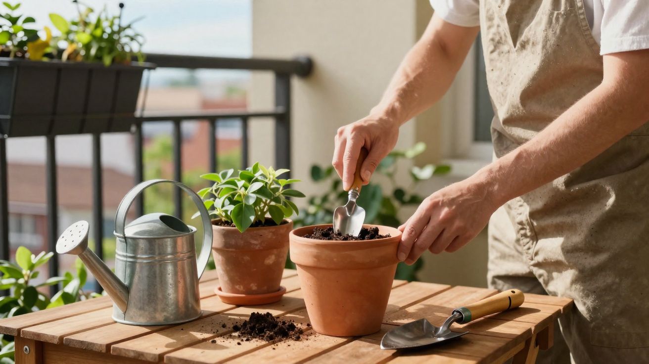 Pessoa plantando em vaso de barro em varanda com regador e pá sobre mesa de madeira.