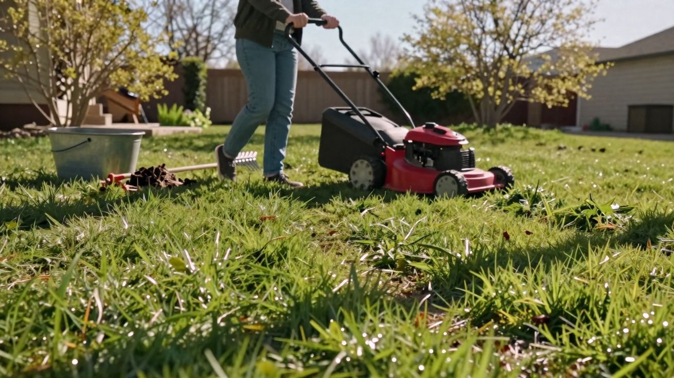 Pessoa cortando grama com cortador vermelho em área externa com sol e árvores ao fundo.