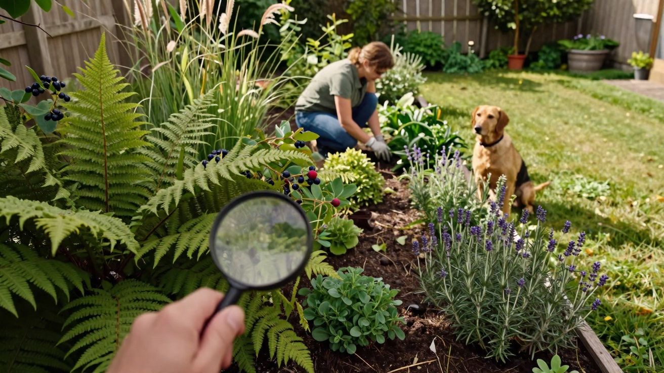 Pessoa segurando lupa focando planta, mulher cuidando do jardim e cachorro sentado no gramado ao fundo.