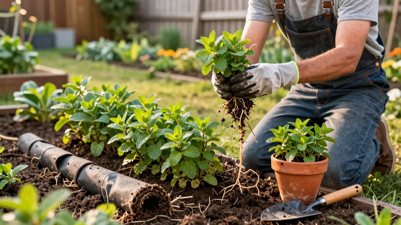Pessoa com luvas transplantando mudas de hortelã em canteiro de jardim ensolarado, com pá de jardinagem ao lado.