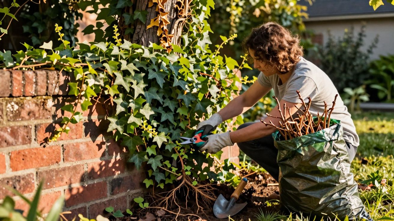 Pessoa cortando plantas trepadeiras perto de um muro de tijolos em um jardim ensolarado.