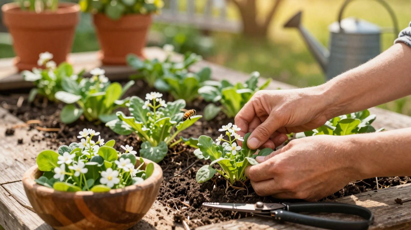 Mãos cuidando de pequenas plantas com flores brancas em canteiro, ao lado de tesoura e regador.
