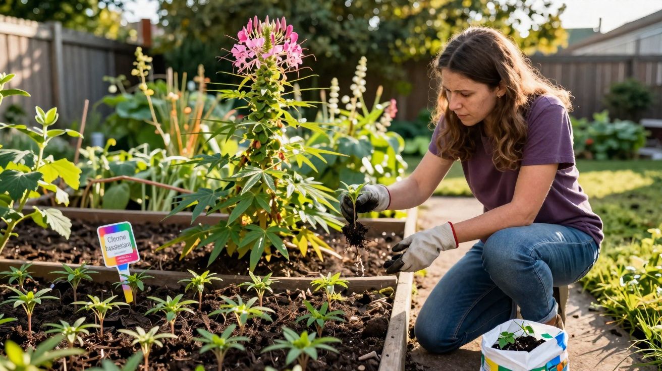 Mulher cuidando de plantas em canteiro de jardim ensolarado, usando luvas e roupas casuais.