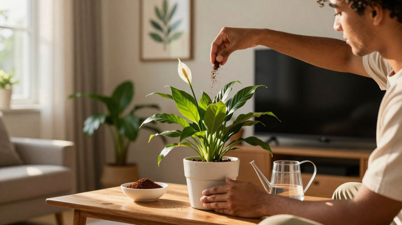 Pessoa cuidando de planta doméstica em vaso, adicionando terra sobre a planta em mesa de madeira.