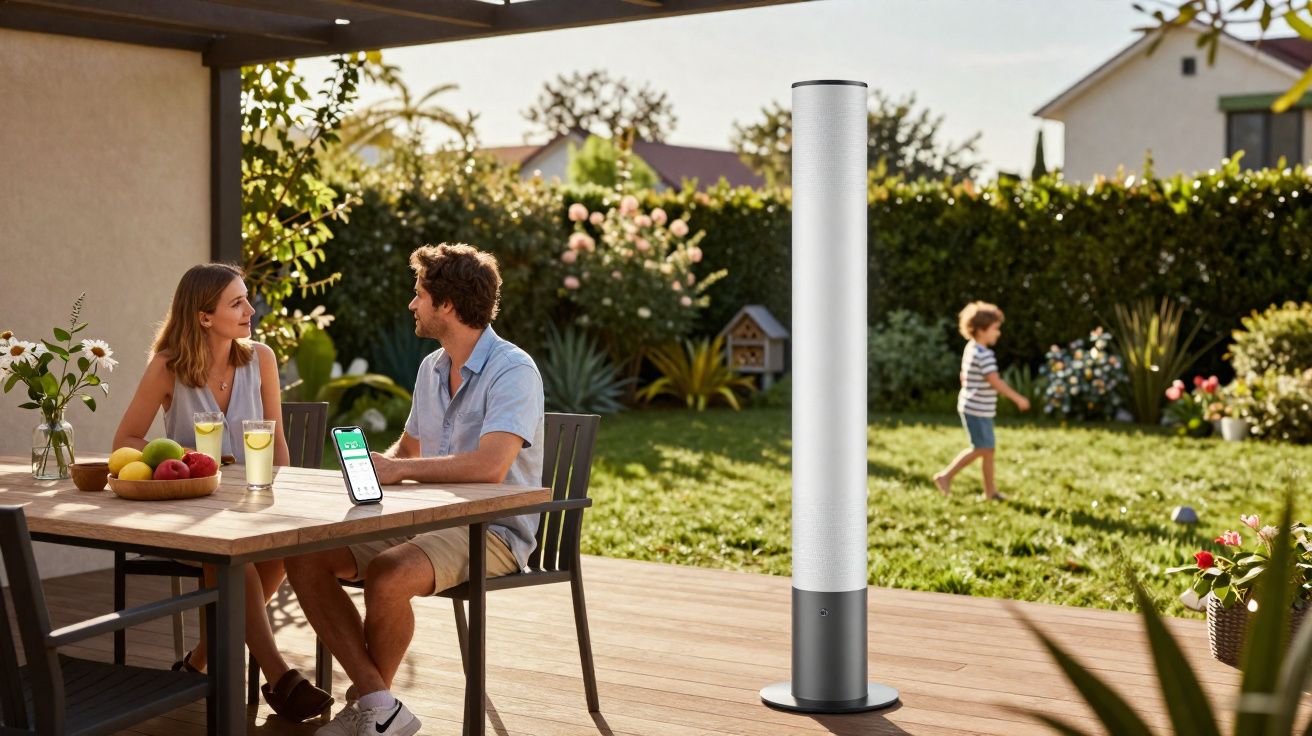 Casal conversando em mesa ao ar livre, criança brinca no jardim e ventilador torre está ligado.